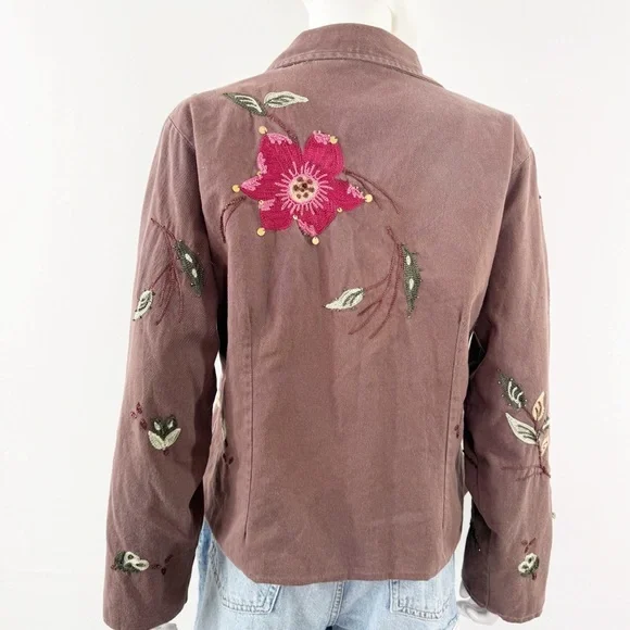 Passports Brown Beaded Jacket Size XL Floral Embroidery V-Neck Boho Artsy Casual - Picture 10 of 12